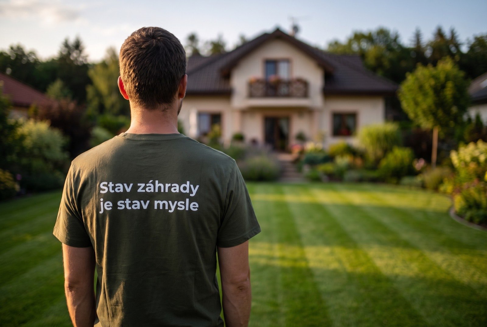 Záhradník chrbtom ku kamere, na tričku nápis Stav záhrady je stav mysle